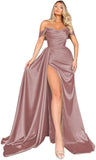 Off Shoulder Satin Bridesmaid Dresses Long Formal Gown for Wedding Ruched Prom Dress with Slit