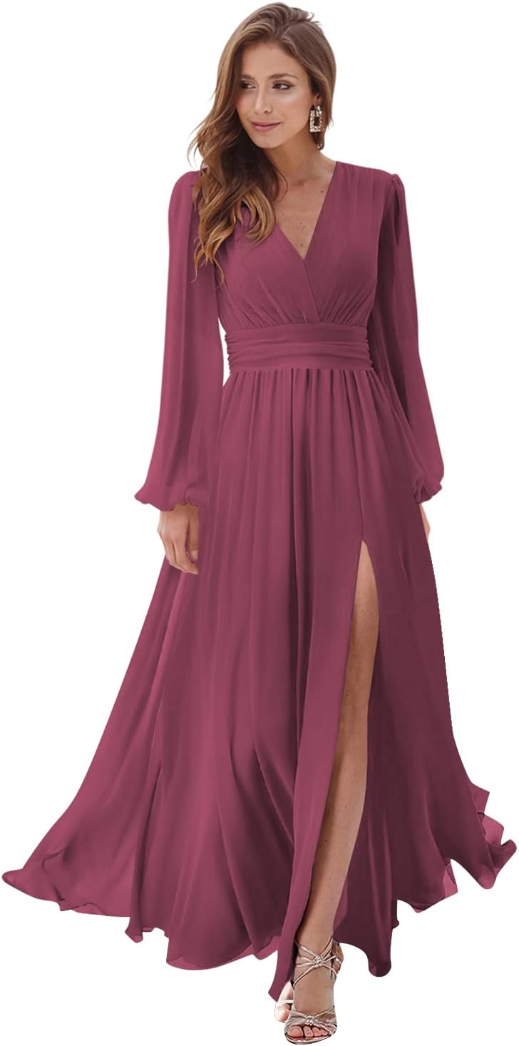 Women's Long Sleeve Bridesmaid Dresses with Slit V Neck A Line Chiffon Formal Evening Gowns with Pockets Mother of the Bride Gowns