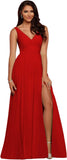 Vestidos de dama de honor largos con escote en V y abertura en gasa, corte A, plisados, para noche, fiesta formal