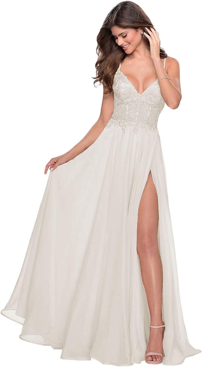 Women's Lace Appliqued Chiffon Prom Dresses Long with Slit Spaghetti Straps V Neck Formal Party Gowns