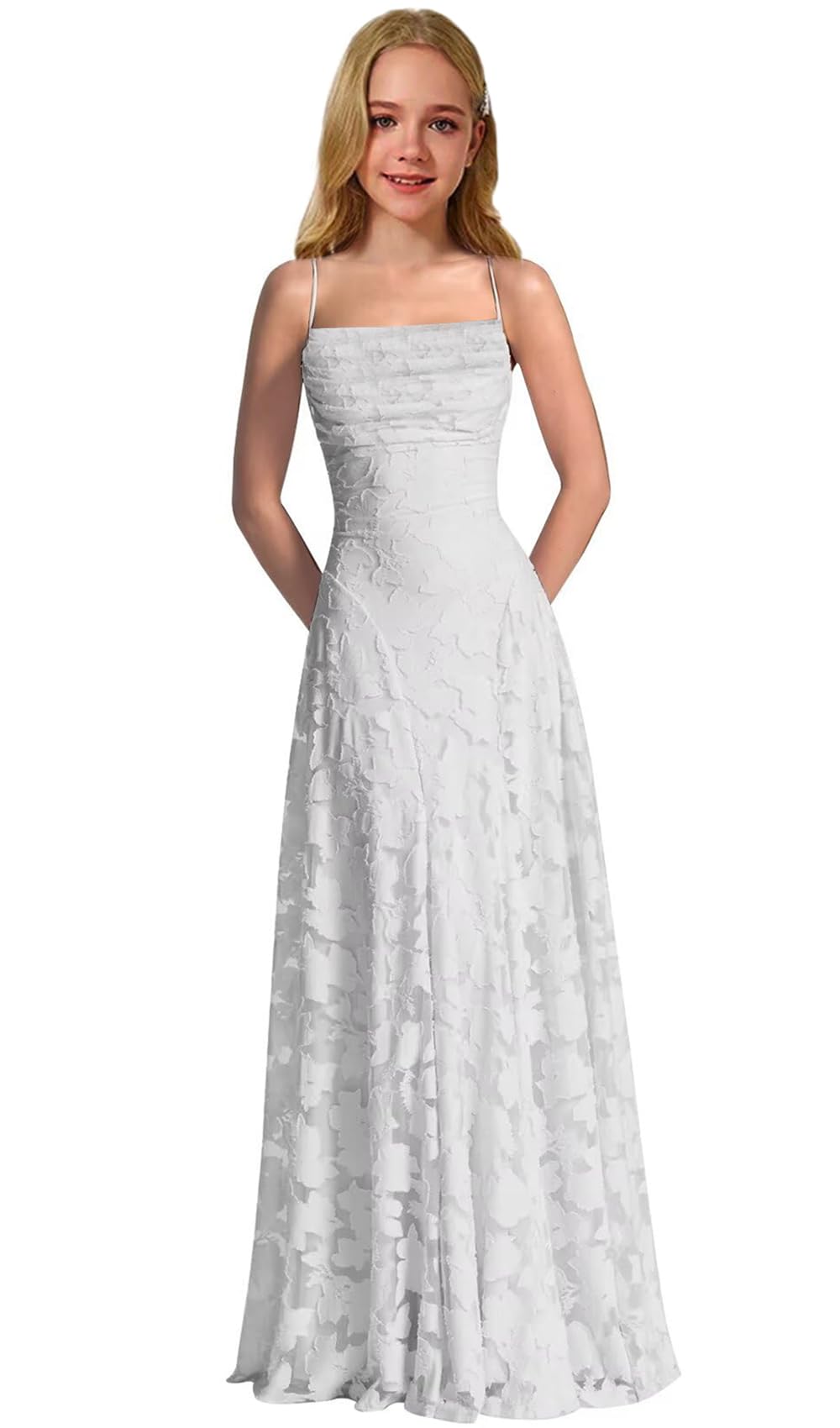 Lace Floral Junior Bridesmaid Dresses Long Spaghetti Strap Prom Dress for Teens Formal Gown Flower Girls Dress