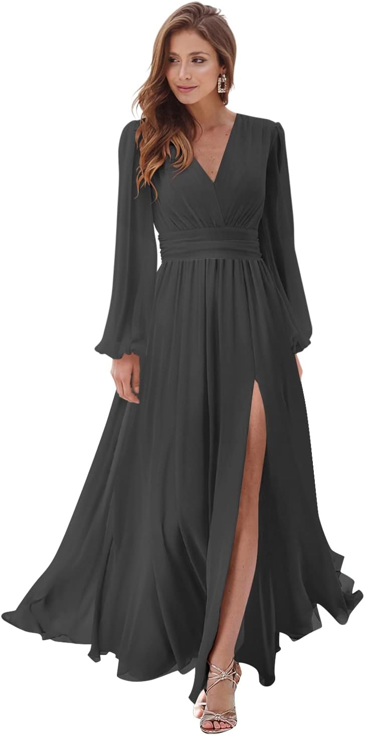 Women's Long Sleeve Bridesmaid Dresses with Slit V Neck A Line Chiffon Formal Evening Gowns with Pockets Mother of the Bride Gowns
