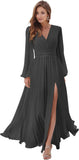 Women's Long Sleeve Bridesmaid Dresses with Slit V Neck A Line Chiffon Formal Evening Gowns with Pockets Mother of the Bride Gowns