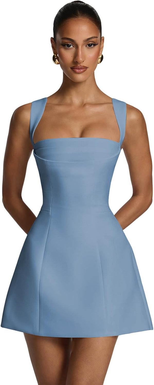 Satin Homecoming Dresses for Teens Square Neck Short Prom Dress Pleated A Line Corset Mini Cocktail Party Gown