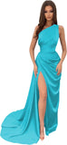 Vestidos de dama de honor largos con un hombro al descubierto y pliegues de satén estilo sirena para fiesta de boda formal 
