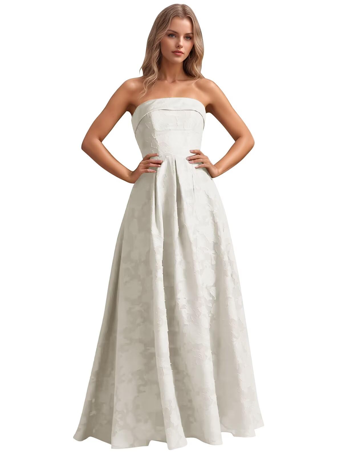 Jacquard Floral Prom Dresses Strapless Maxi Evening Gowns A-Line Ruched Formal Party Dress Elegant