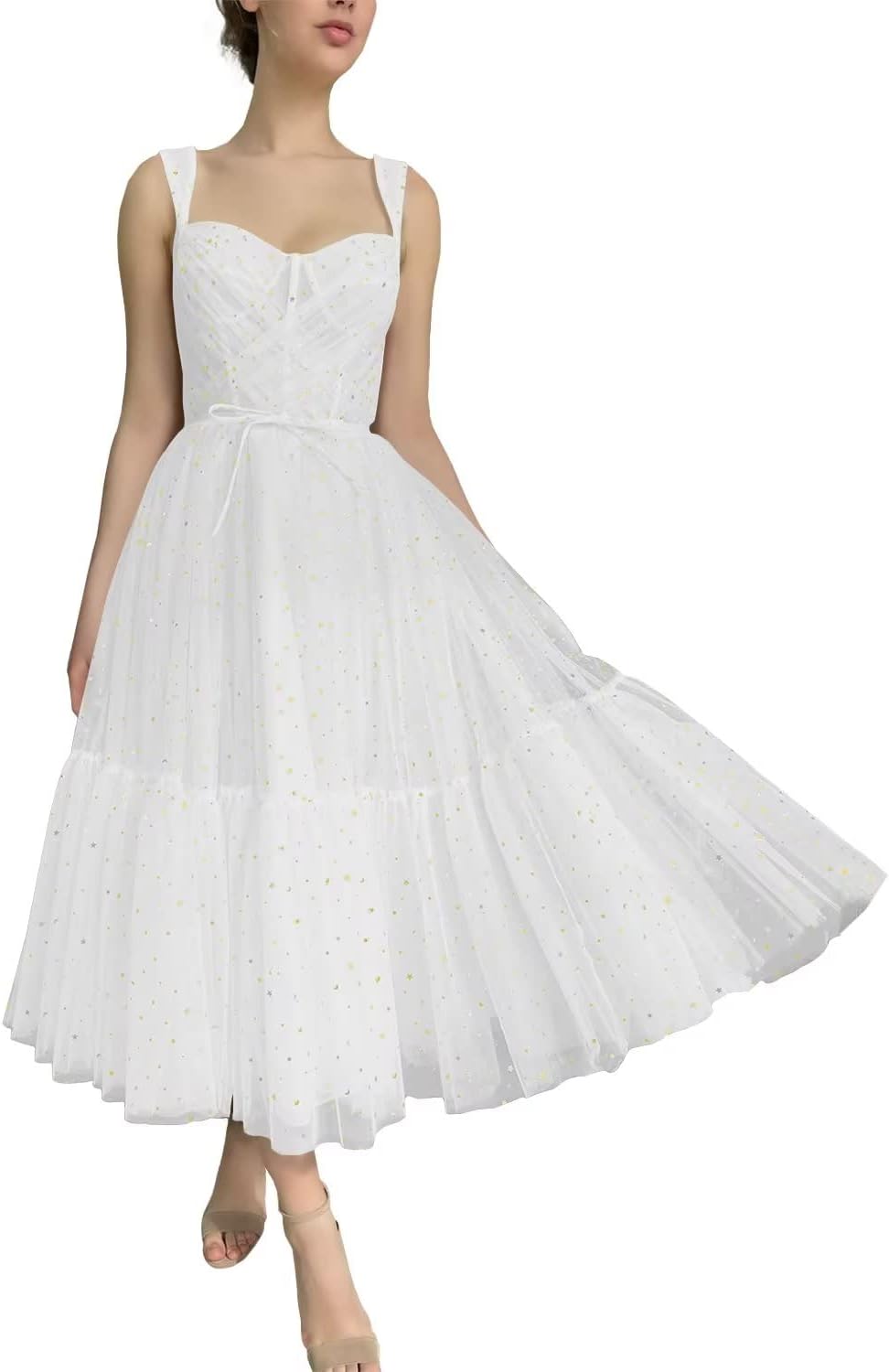 Sparkly Starry Tulle Prom Dresses for Women Tea Length Formal Evening Corset Gowns for Teens