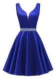 Satin Glitter Homecoming Dresses for Teens Short Prom Dress V-Neck Beaded Evening Formal Cocktail Party Gowns