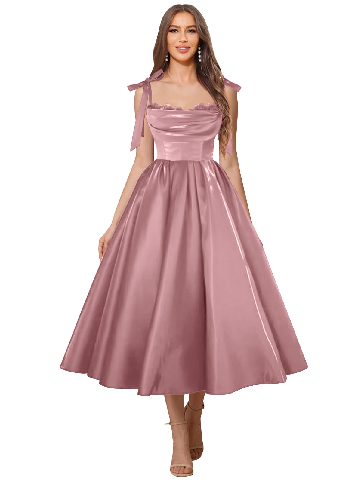 Satin Prom Dresses for Women Spaghetti Straps Corset A-Line Ball Formal Gowns Tea Length with Pockets