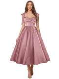 Satin Prom Dresses for Women Spaghetti Straps Corset A-Line Ball Formal Gowns Tea Length with Pockets