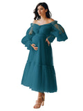 Tulle Tea Length Maternity Dresses for Photo Shoot Long Sleeve Pregnancy Gown for Baby Shower