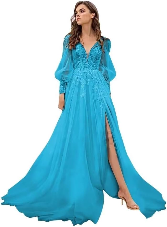Long Sleeve Tulle Prom Evening Dresses Long Lace Applique A Line Ball Gown 2027