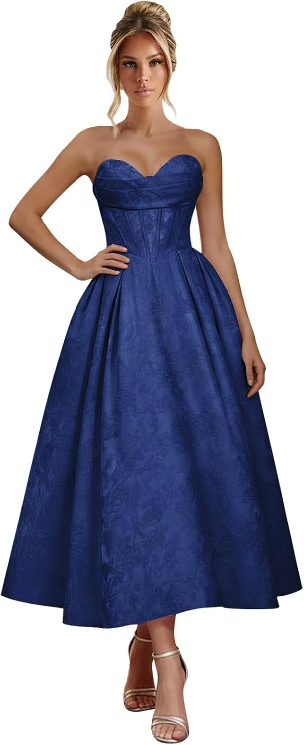 Jacquard Satin Prom Dresses for Women Strapless Tea Length Sweetheart Neck A-line Formal Party Dress with Pockets