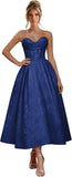 Jacquard Satin Prom Dresses for Women Strapless Tea Length Sweetheart Neck A-line Formal Party Dress with Pockets