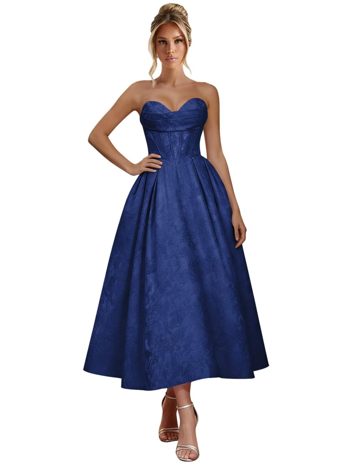 Jacquard Satin Prom Dresses for Women Strapless Tea Length Sweetheart Neck A-line Formal Party Dress with Pockets