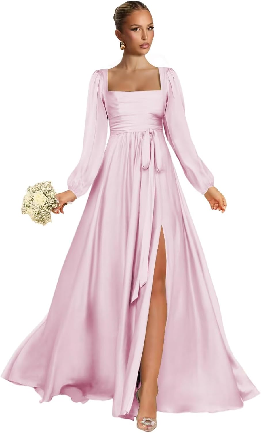 Satin Bridesmaid Dresses with Slit Long Sleeve Square Neck A Line Maxi Formal Dress