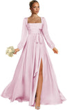 Satin Bridesmaid Dresses with Slit Long Sleeve Square Neck A Line Maxi Formal Dress