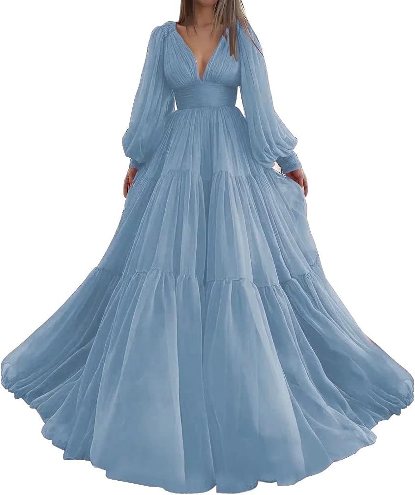 Langes Ballkleid mit Puffärmeln, Tüll, Ballkleid für Damen, Brautkleider, V-Ausschnitt, formelle Abendkleider