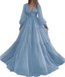 Langes Ballkleid mit Puffärmeln, Tüll, Ballkleid für Damen, Brautkleider, V-Ausschnitt, formelle Abendkleider