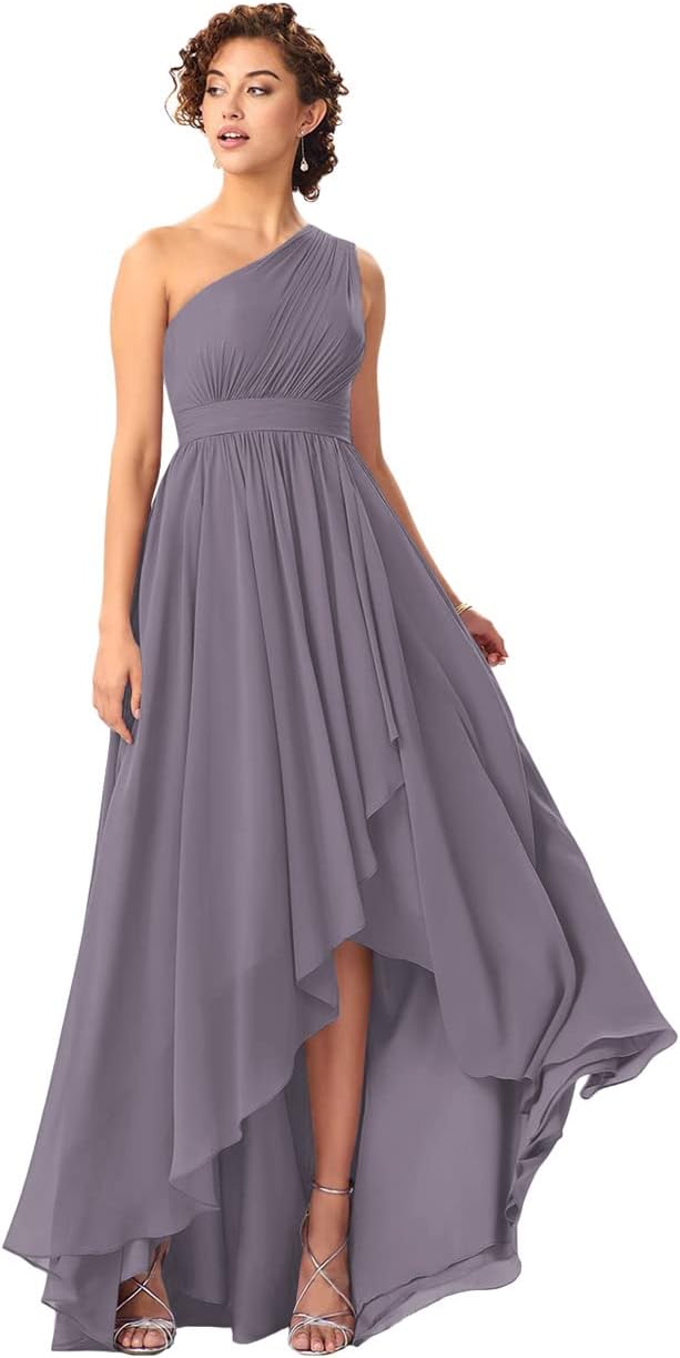 Women's One Shoulder Bridesmaid Dresses High Low Chiffon Formal Party Gowns with Pockets