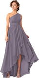 Women's One Shoulder Bridesmaid Dresses High Low Chiffon Formal Party Gowns with Pockets