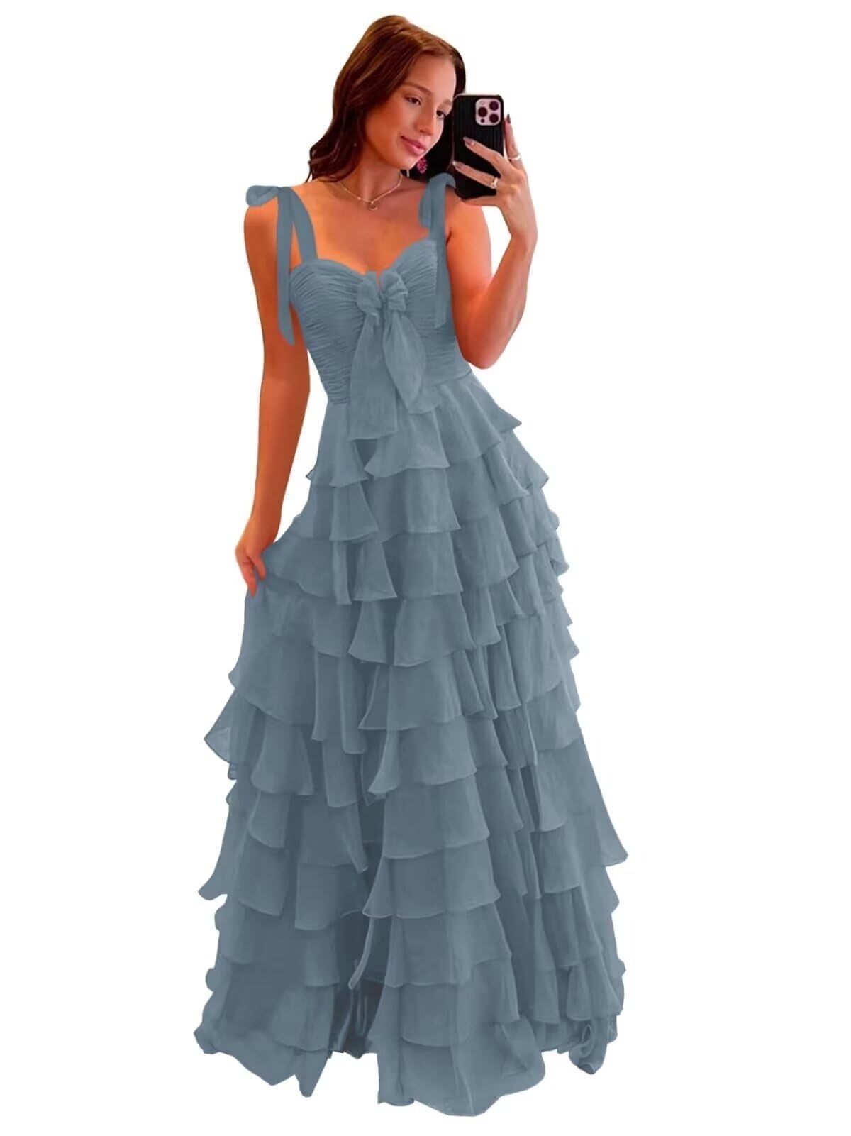 Tiered Prom Dresses with Bow Long A-Line Chiffon Formal Evening Dress for Women Spaghetti Straps Slit Ball Gown