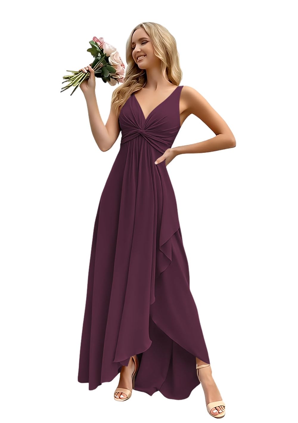 Women’s Long Bridesmaid Dresses Sleeveless V-Neck Formal Wedding Guest Chiffon Prom Gowns for Teens