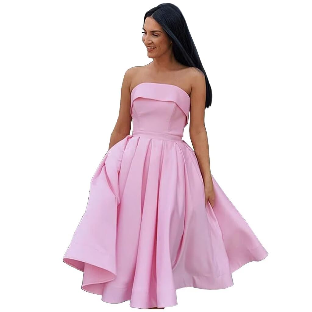 Tea Length Satin Cocktail Party Dresses for Women, Strapless Formal Evening Prom Gown Homecoming Graduation Dresses