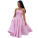 Tea Length Satin Cocktail Party Dresses for Women, Strapless Formal Evening Prom Gown Homecoming Graduation Dresses