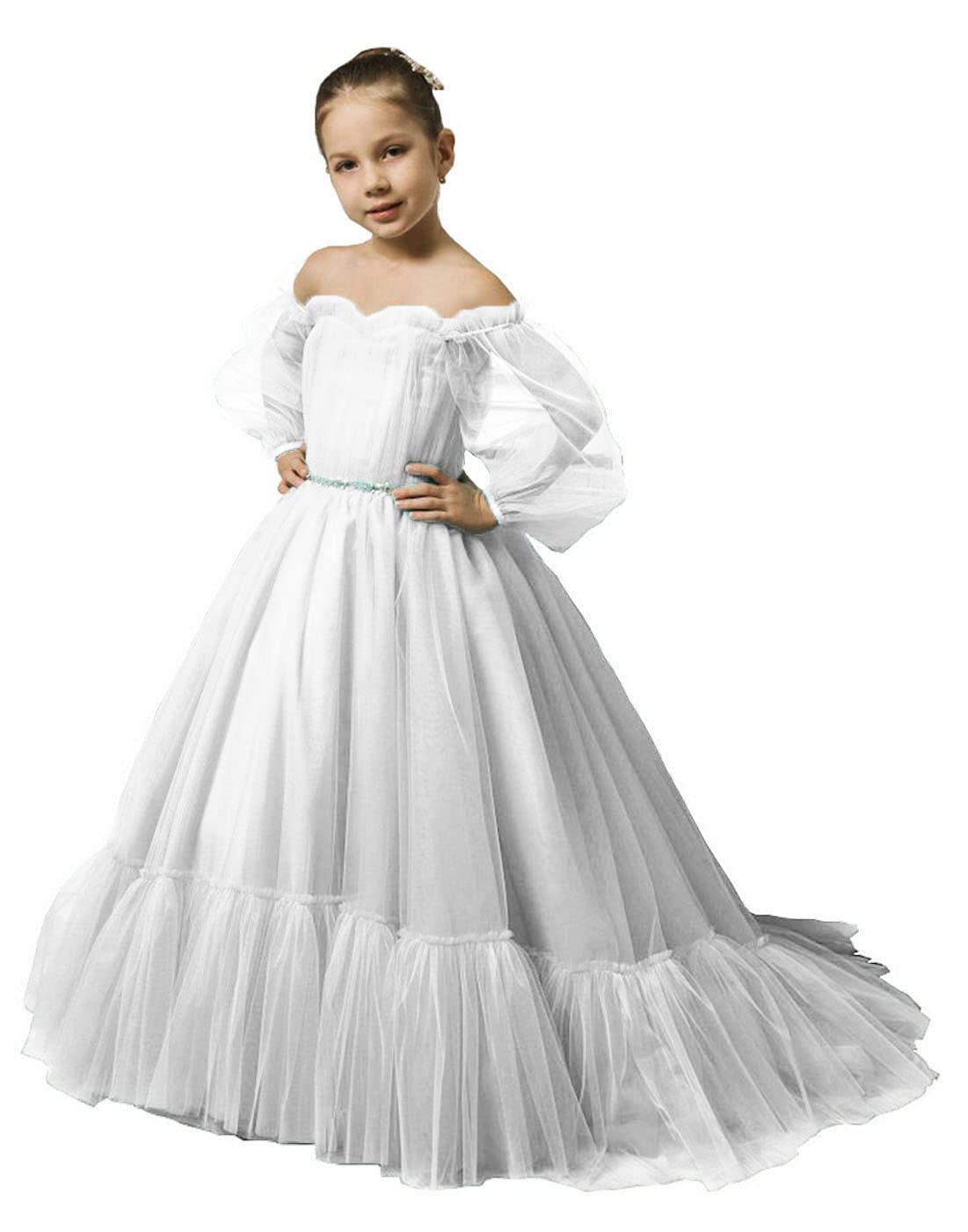 Puffy Sleeves Flower Girl Dress for Wedding Tulle Princess Pageant Dress Kids Prom Ball Gown with Belt