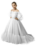 Puffy Sleeves Flower Girl Dress for Wedding Tulle Princess Pageant Dress Kids Prom Ball Gown with Belt