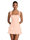 Spaghetti Straps Satin Homecoming Dresses for Teens 2026 Square Neck Tiered Ruffles Short Prom Dress