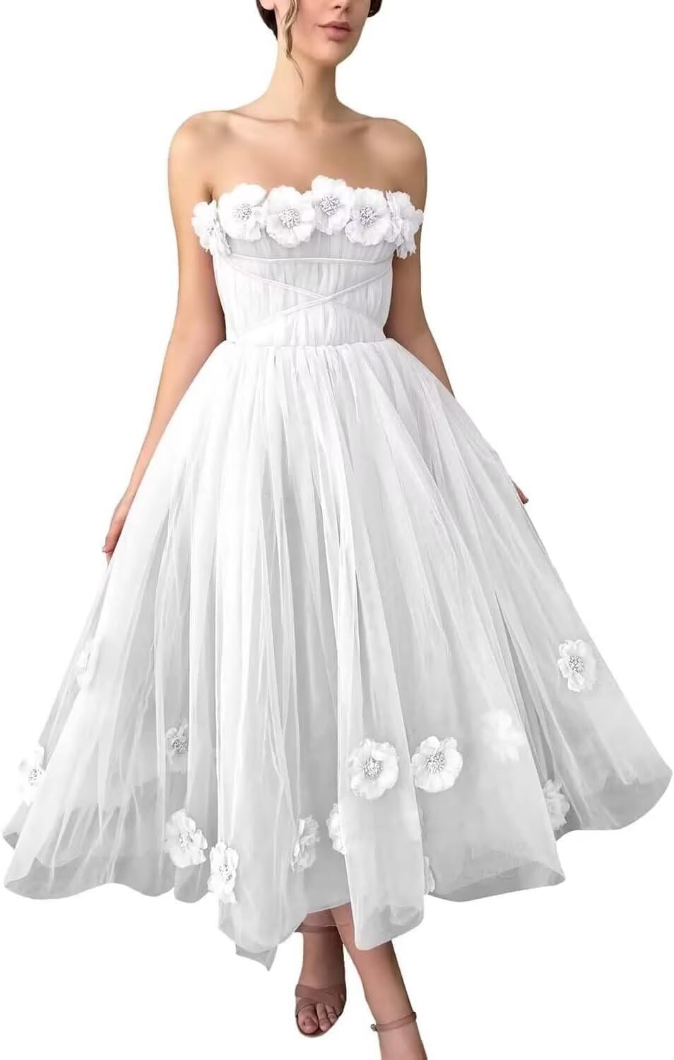 Women's 3D Flower Off Shoulder Tea Length Whimsical Prom Dress, A Line Strapless Tulle Formal Evening Party Gown