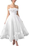 Women's 3D Flower Off Shoulder Tea Length Whimsical Prom Dress, A Line Strapless Tulle Formal Evening Party Gown