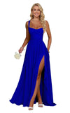 Ruffle Chiffon Bridesmaid Dress Long Square Neck Pleated Formal Gowns with Slit for Women Plus Size Spaghetti Straps Ruffles