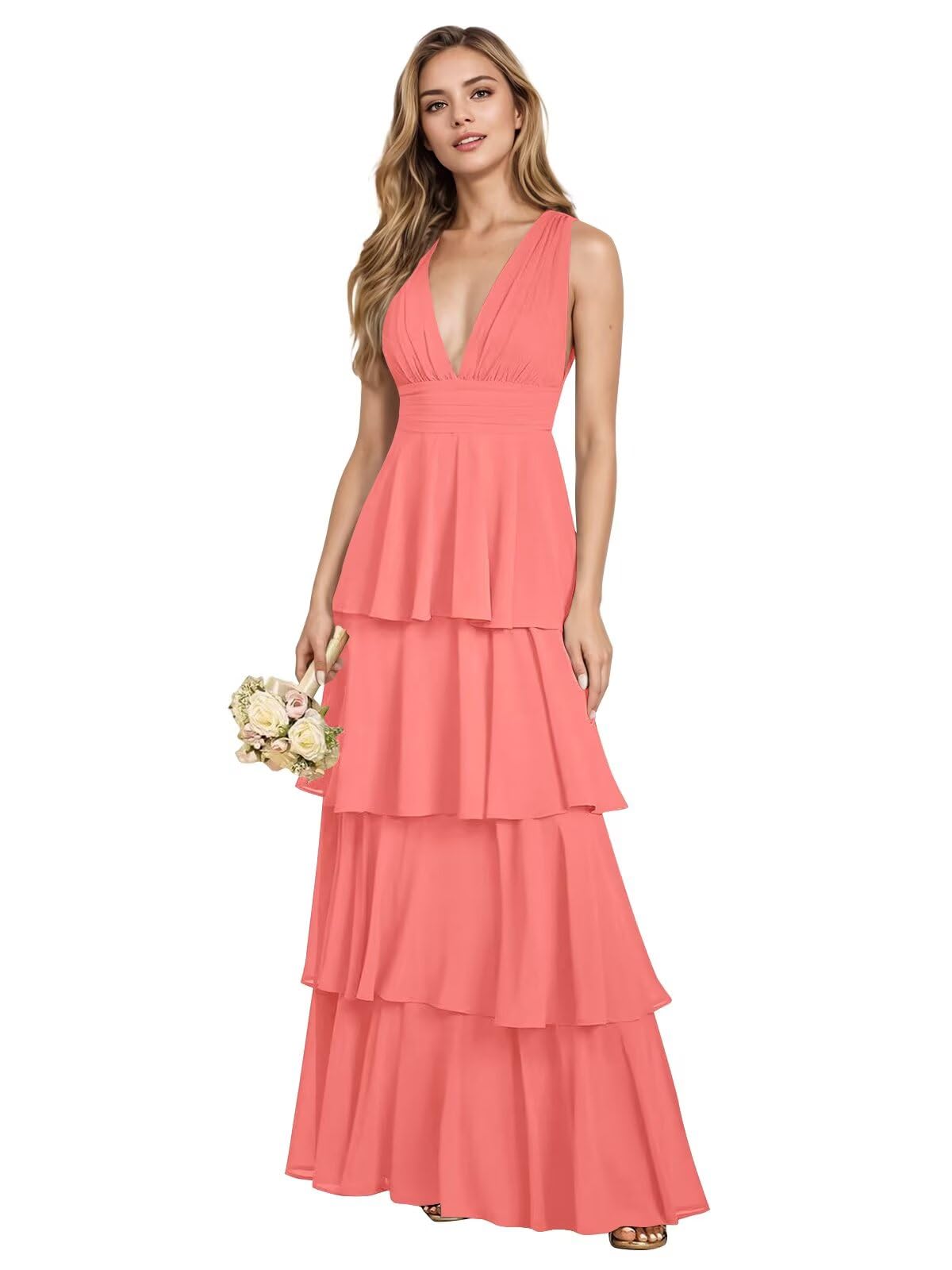 V Neck Chiffon Bridesmaid Dresses for Women 2027 Long Tiered A-Line Ruffles Formal Evening Party Dress