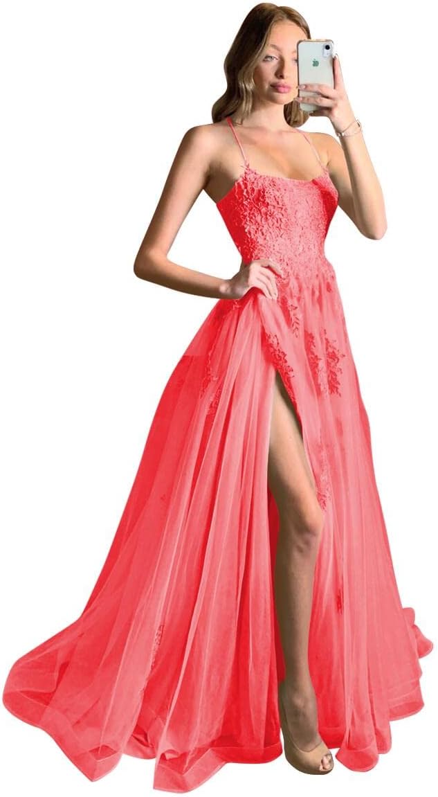 Women's Lace Criss-Cross Prom Dresses with Slit Spaghetti Straps Long Formal Evening Gowns