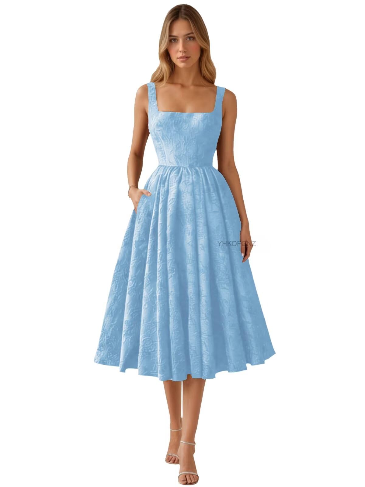 Floral Jacquard Satin Prom Dresses for Women Tea Length Formal Evening Party Dress with Pockets