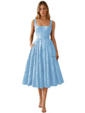 Floral Jacquard Satin Prom Dresses for Women Tea Length Formal Evening Party Dress with Pockets