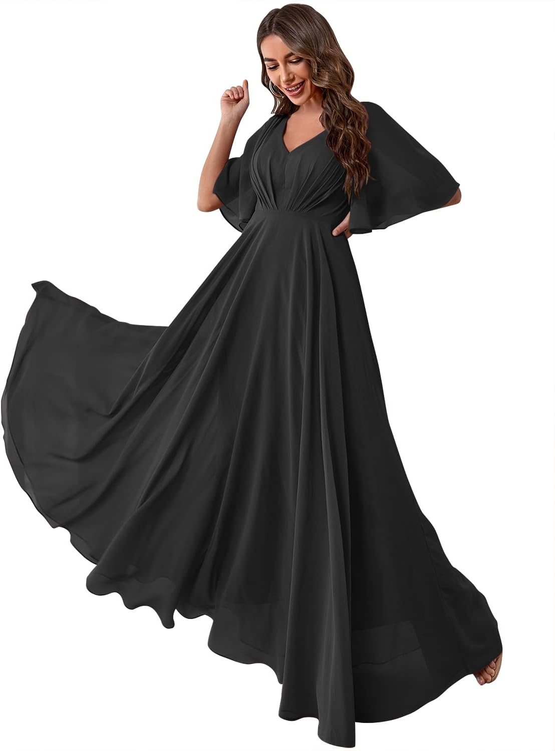 Women's Batwing Sleeve Chiffon Bridesmaid Dresses with Pockets V Neck Long Formal Evening Dress