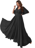 Women's Batwing Sleeve Chiffon Bridesmaid Dresses with Pockets V Neck Long Formal Evening Dress