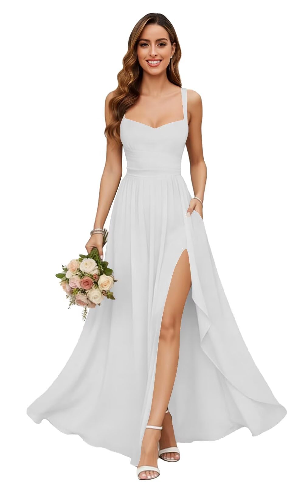 Chiffon Bridesmaid Dresses for Women Long Spaghetti Straps A-line Pleated Formal Evening Party Gowns with Pockets