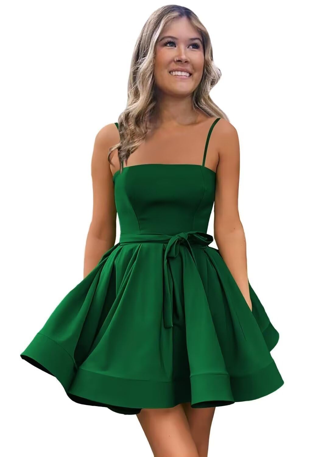 Women’s Short Satin Spaghetti Straps Formal Homecoming Dresses A Line Corset Puffy Prom Gown with Pockets for Teens