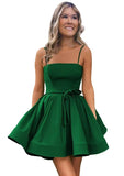 Women’s Short Satin Spaghetti Straps Formal Homecoming Dresses A Line Corset Puffy Prom Gown with Pockets for Teens