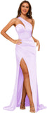Women's One Shoulder Prom Dress 2025 Satin Long Ruched Mermaid Formal Dresses with Slit
