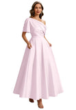 Kingbridal Satin Mother of The Bride Dresses for Women Tea Length Formal Dress One Shoulder Evening Party Gowns with Pockets