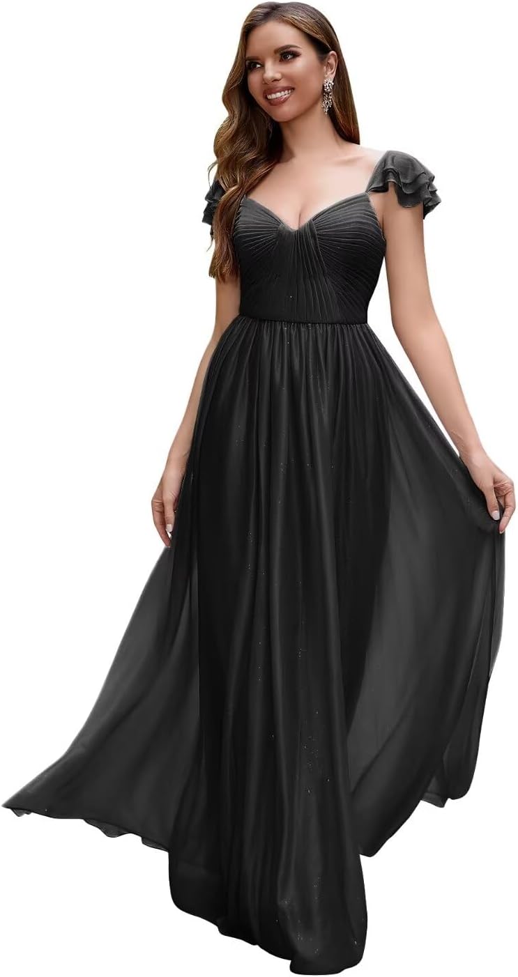 Cap Sleeve Bridesmaid Dresses for Women Long V Neck Ruffled Split Glittery Long Formal Evening Dress with Pocket