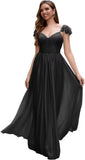 Cap Sleeve Bridesmaid Dresses for Women Long V Neck Ruffled Split Glittery Long Formal Evening Dress with Pocket