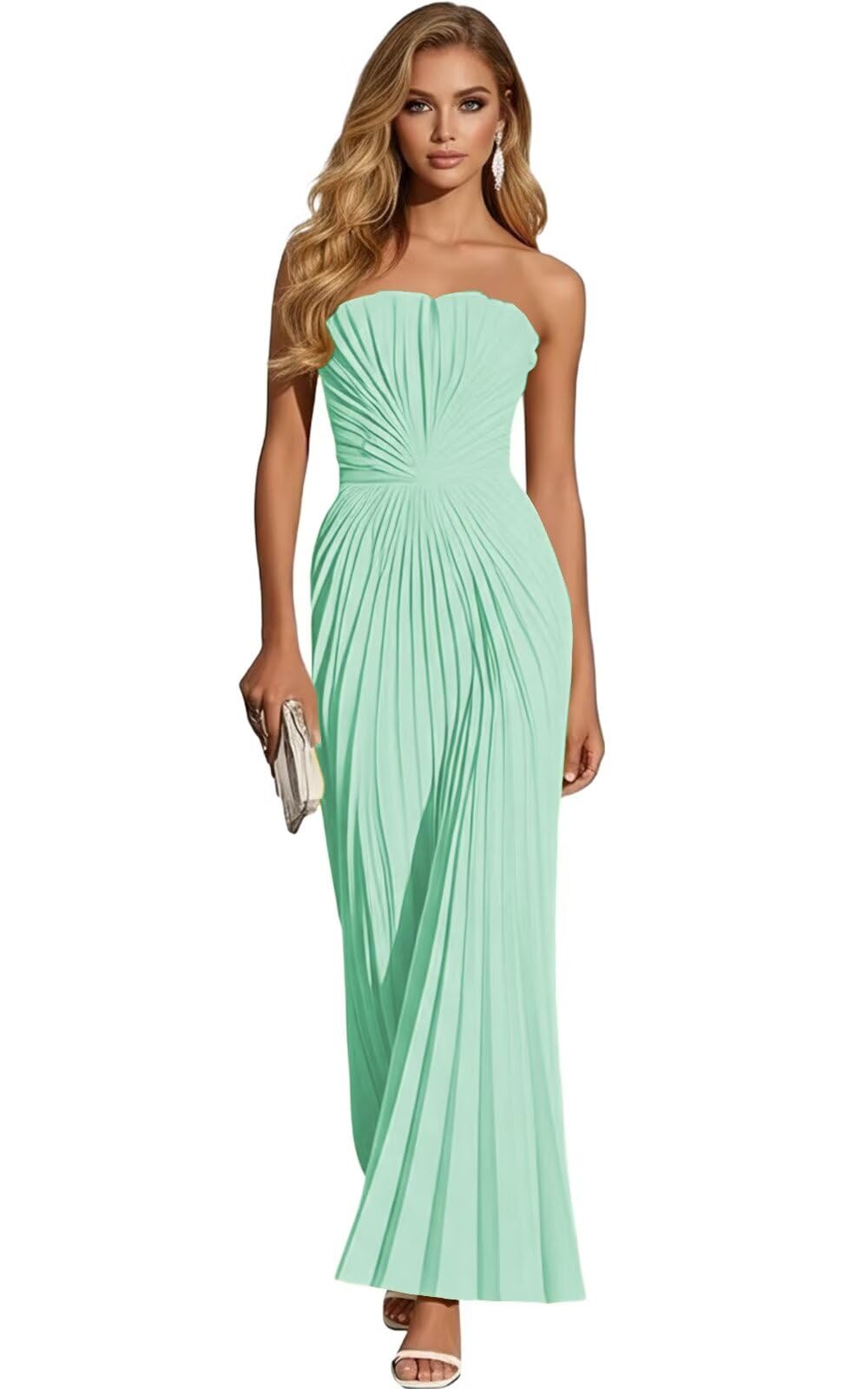 Women's Strapless Pleated Bridesmaid Dress Elegant Sweetheart Neck Formal Prom Gown for Wedding Guest
