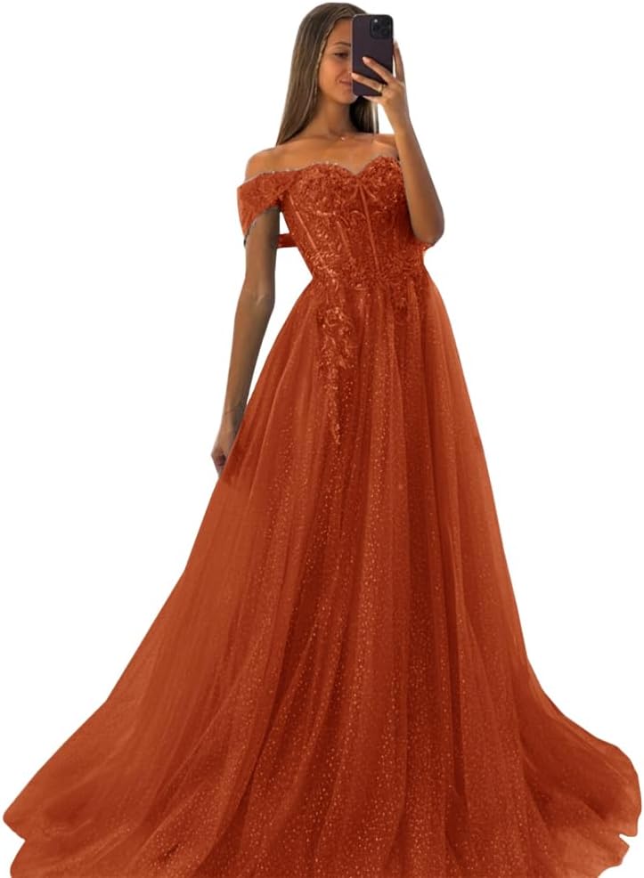 Off The Shoulder Tulle Prom Dresses 2027 Lace Applique A Line Long Sparkly Formal Evening Party Gowns